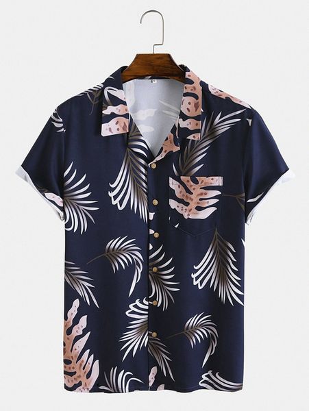 

men tropical print patched pocket button through shirt 698s#, White;black