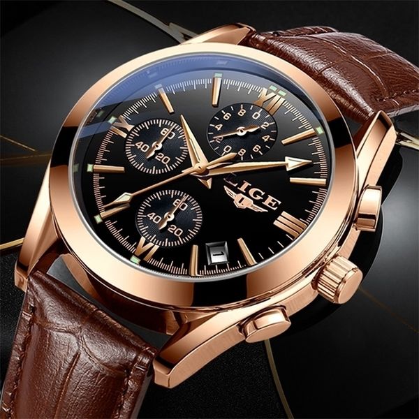 

lige fashion mens watches brand luxury military quartz watch premium leather waterproof sport chronograph watch men 220530, Slivery;brown