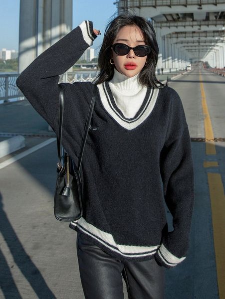 

dazy letter embroidery striped trim drop shoulder cricket sweater o41a#, White;black
