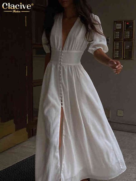 

clacive white single-breasted women's dress 2022 elegant short sleeve v-neck party dresses lady casual slim midi dress t220804, Black;gray