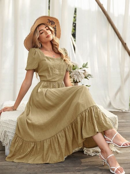 

ruffle hem puff sleeve dress m7wu#, Black;gray