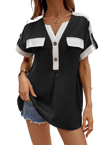 

contrast trim fake pocket batwing sleeve blouse g1ao#, White