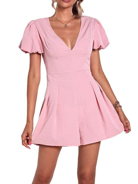 

puff sleeve plunge neck romper t1w5#, Black;white