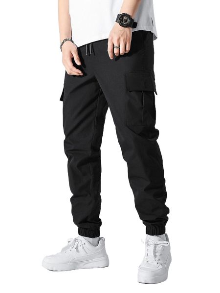 

men flap pocket side drawstring waist cargo pants f7pl#, Black