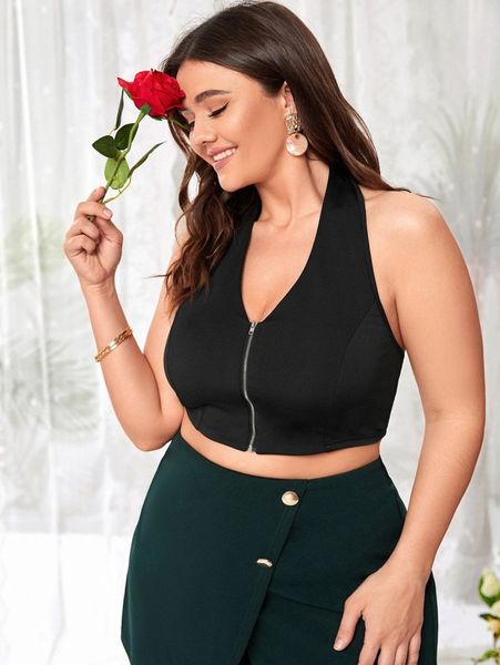 

plus zipper front backless halter 09cg#, Black