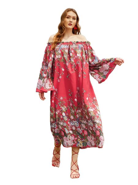 

plus floral print frilled off shoulder dress without belt 679i#, Black