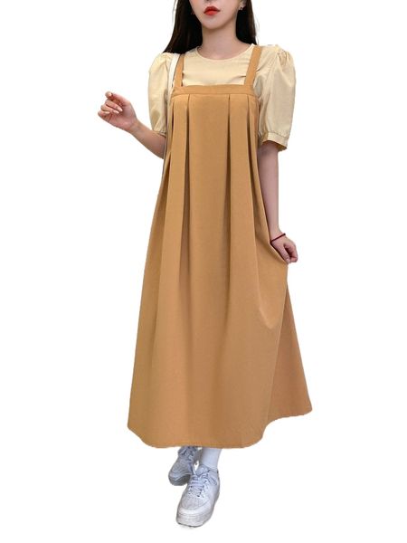 

dazy puff sleeve blouse & fold pleated overall dress h7oi#, White