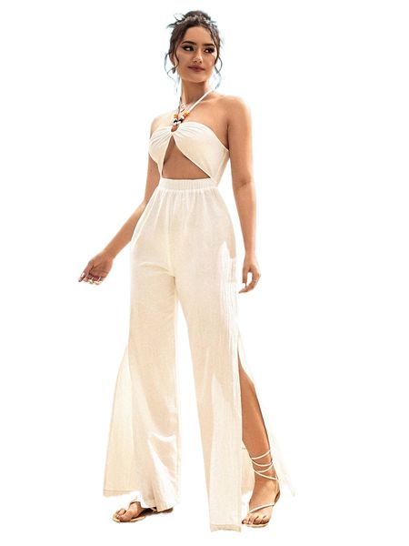 

bead detail tie backless halter & split thigh pants q3qz#, Black;white