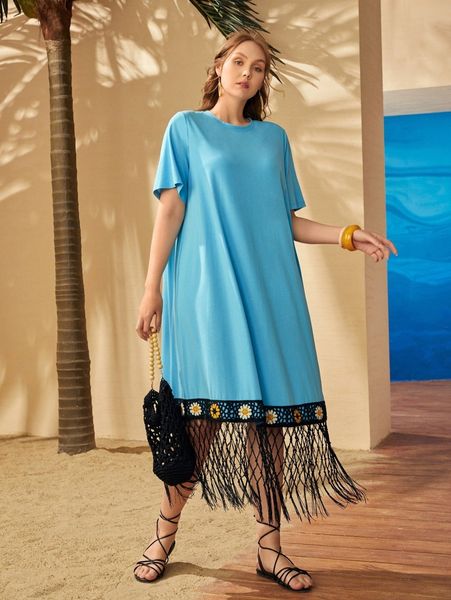 

plus floral print tassel trim dress 45e0#, Black