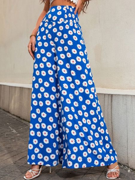 

allover floral print shirred tie back wide leg pants 02r7#, Black;white