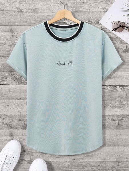 

men letter graphic contrast trim curved hem tee 586c#, White;black