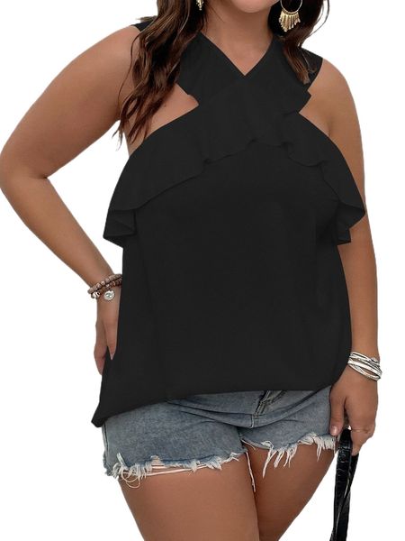 

plus ruffle trim solid blouse s5qb#, Black
