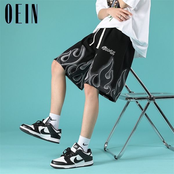 

harajuku men shorts streetwear fire print jogger women mens summer loose elastic waist hip hop skateboard 220621, White;black