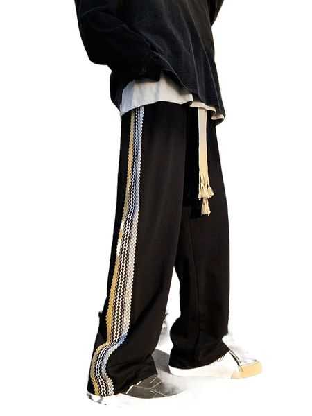 

men contrast chevron tape drawstring waist sweatpants i3wb#, Black