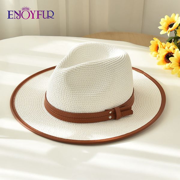

enjoyfur womens summer panama hats wide brim straw sun beach for men fashion upf uv protection fedoras cap travel 220407, Blue;gray