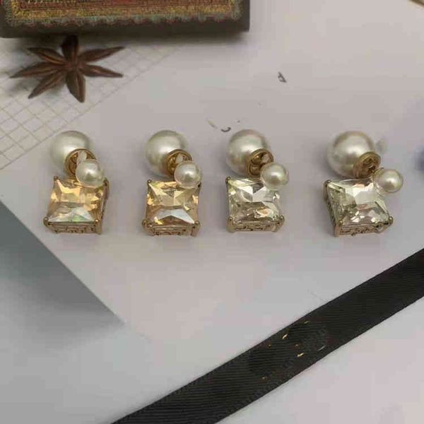 

new square diamond pearl earrings high sense net red brass, Golden