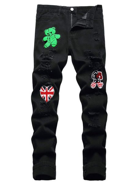 

men patch detail ripped jeans v48g#, Blue