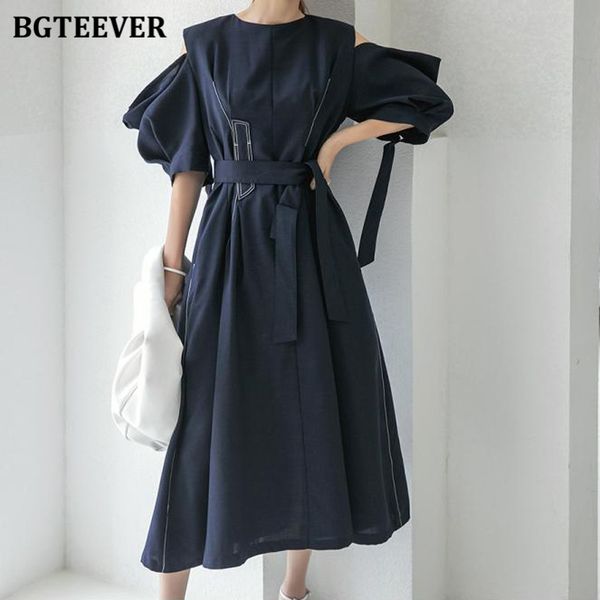 

bgteever casual o-neck hollow-out women dress half sleeve high waist lace-up female a-line dress 2022 spring mid-length vestidos, Black;gray