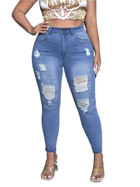 

plus high waist ripped skinny jeans 12uq#, Blue