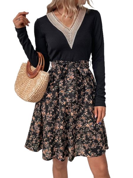 

ditsy floral contrast lace belted dress h575#, Black;gray