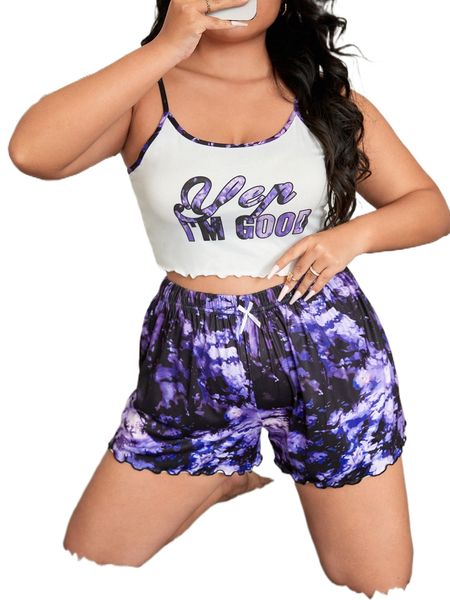 

plus slogan & tie dye print lettuce trim pj set r0z0#, Black;white