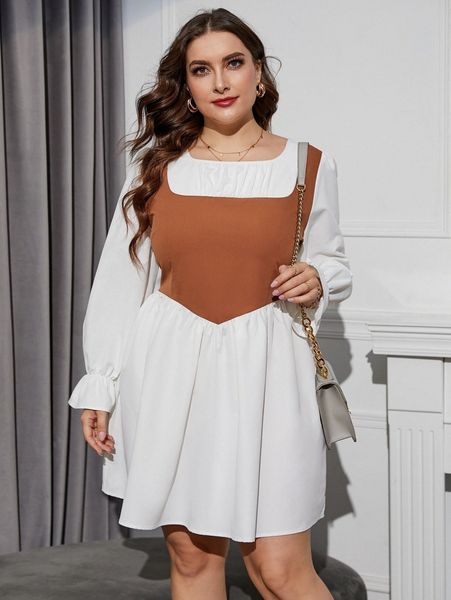 

plus two tone flounce sleeve dress a71c#, Black