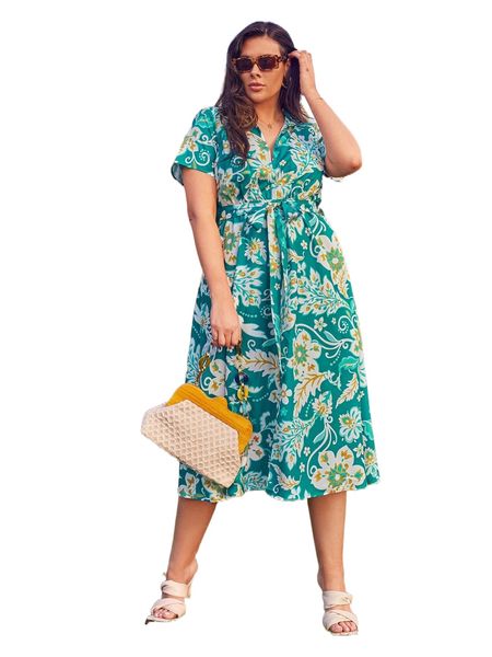 

plus tropical print belted split thigh dress 14ae#, Black