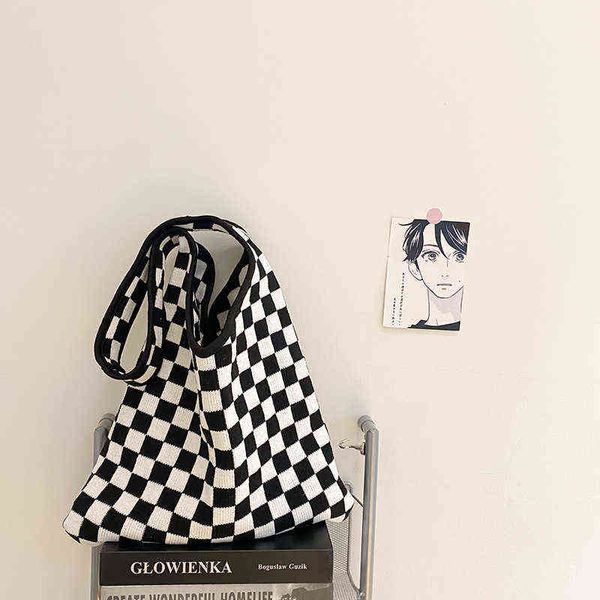 

female knitted black white chessboard plaid woolen handbag lady vintage strips big capacity roomy slouchy carry shoulder bag g220506