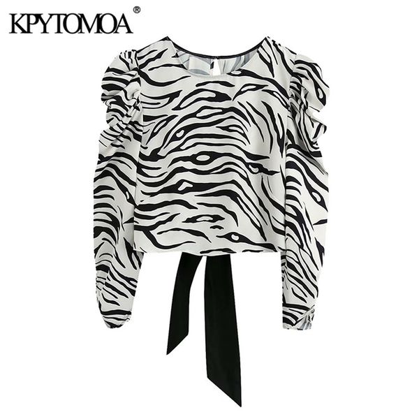 

kpytomoa women fashion animal print cropped blouses vintage puff sleeve backless bow tied female shirts chic 210308, White