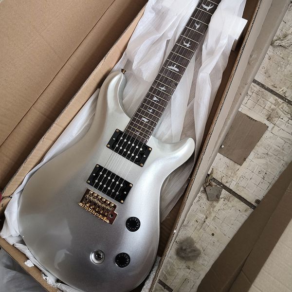 

6 strings silver electric guitar with humbuckers pickups rosewood fretboard