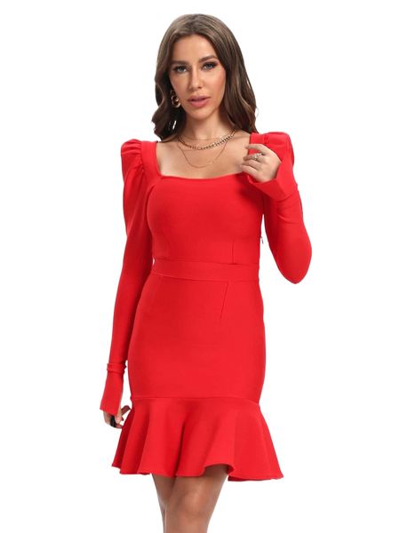 

square neck puff sleeve ruffle hem bandage dress c4vx#, Black;gray