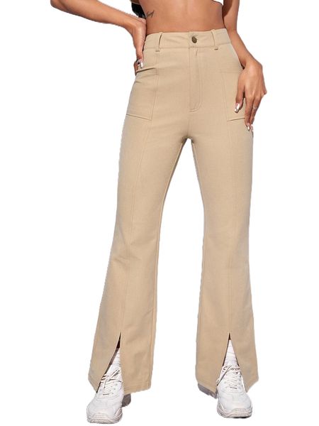 

zipper fly slant pocket split flare hem pants t2lj#, Black;white