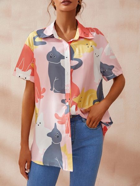 

cartoon graphic button front blouse f6mo#, White