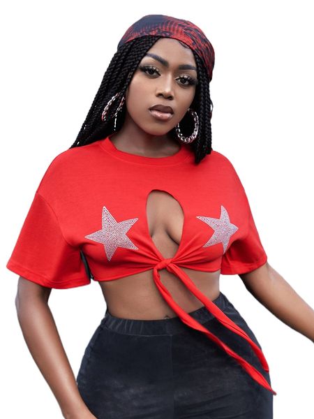 

sxy rhinestone star pattern cut out tie front drop shoulder crop d4ak#, White