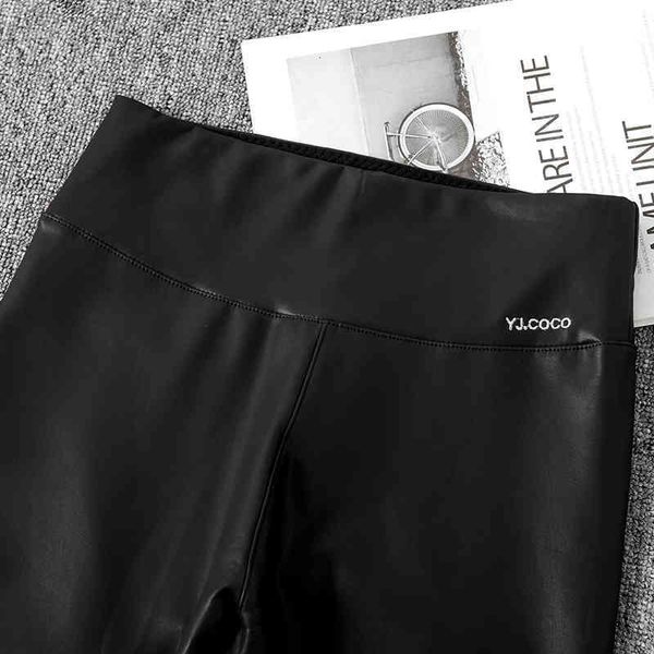 

women's leggings matte pu sharkskin pants with plush and thickened cropped pants large elastic tight warm in winter, Black