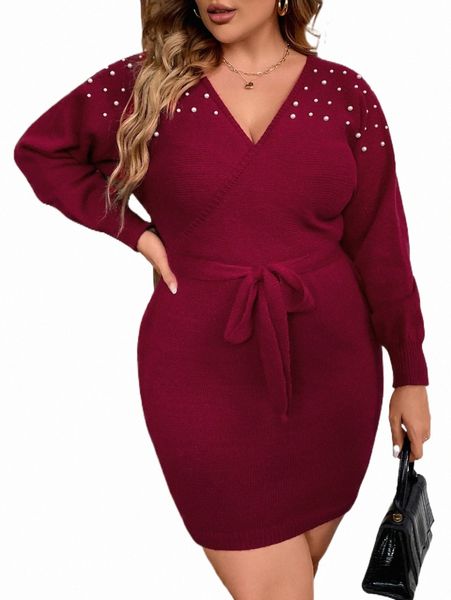 

plus pearls cut out back batwing sleeve belted sweater dress n4nh#, Black