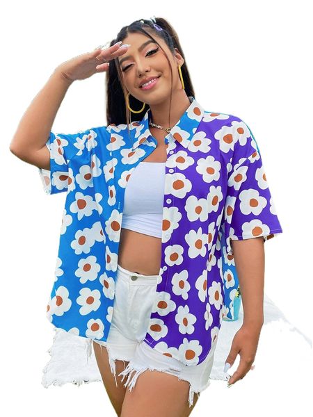 

plus allover floral print drop shoulder blouse i34w#, Black