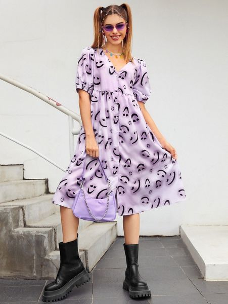 

cartoon face print puff sleeve button front dress k3k0#, Black;gray