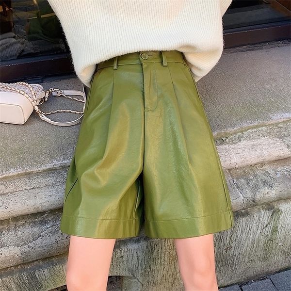 

autumn summer pu leather street half pants high waist green chic wide leg pants vintage trousers pocket new arrival b27 t200422, Black;white