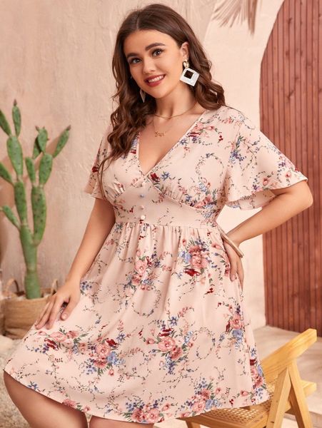 

plus floral print fake button butterfly sleeve dress a5f8#, Black