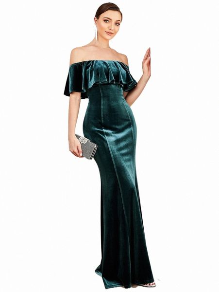 

ever-pretty off shoulder ruffle trim velvet prom dress c3ns#, Black;gray