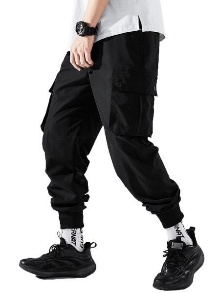 

men flap pocket side drawstring waist cargo pants z5u9#, Black