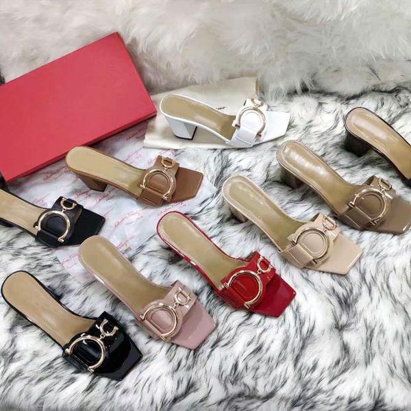 

patent leather calfskin high heel women slippers luxury designer fashion summer chunky heel sandals with box 35-42, Black