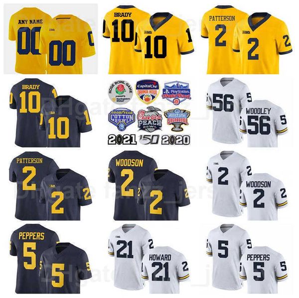 NCAA Michigan Wolverines College 10 Tom Brady Jerseys Football 5 Jabrill Peppers Charles Woodson 2 Shea Patterson 21 Desmond Howard 56 Lamarr Woodley costure