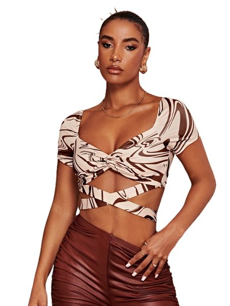 

twist front crisscross tie back graphic print crop tee p3qp#, White
