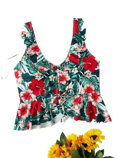 

plus tropical print drawstring front ruffle hem bikini d3ks#, Black