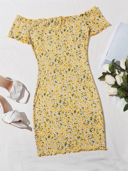 

ditsy floral print off shoulder lettuce edge dress z0kv#, Black;gray