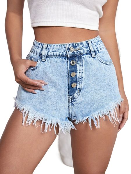 

high waisted raw hem button fly denim shorts i3vk#, White;black