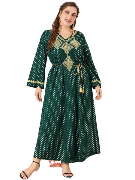 

plus gold polka dot scroll & argyle embroidery tassel belted dress l8wh#, Black