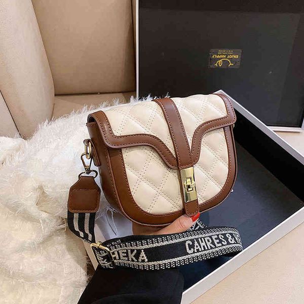 

diamond check personalized sewing line color blocking women's single wide shoulder belt small bag